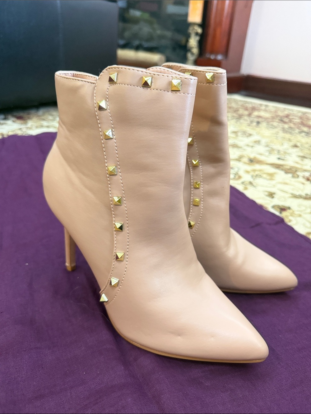 Nicole Miller Nude Pointed-Toe Studded Ankle Boots